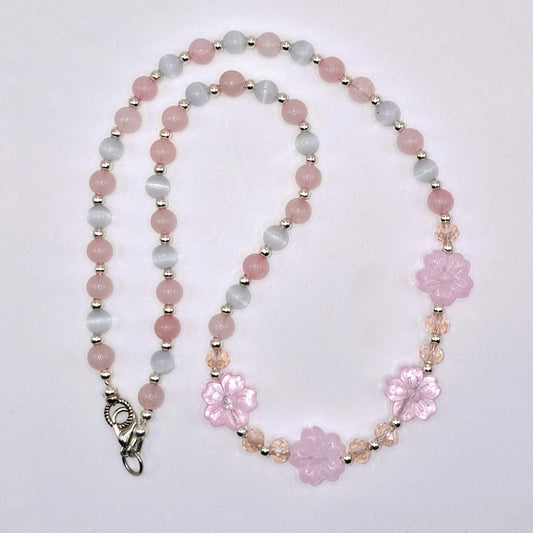 RUUSU - pinkki kaulakoru Kissansilmä kivestä 57cm