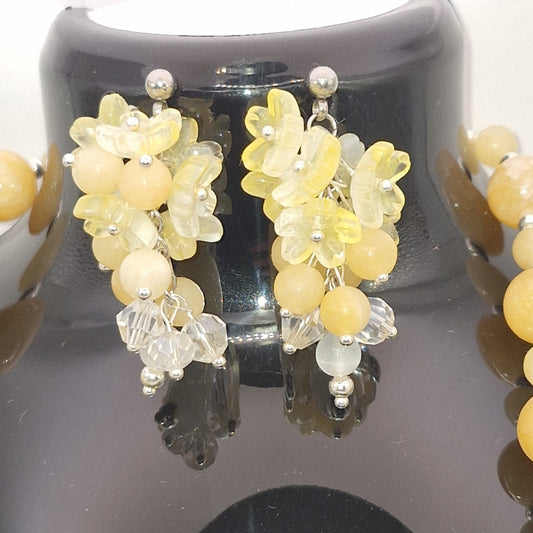 YELLOW Keltainen Korusetti - Seleniitti & Kissansilmä Kaulakoru + Korvakorut