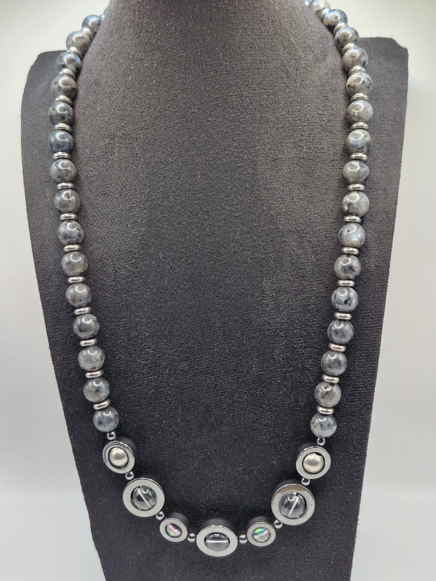 LABRADORITE - stone necklace with Hematite rings 59cm