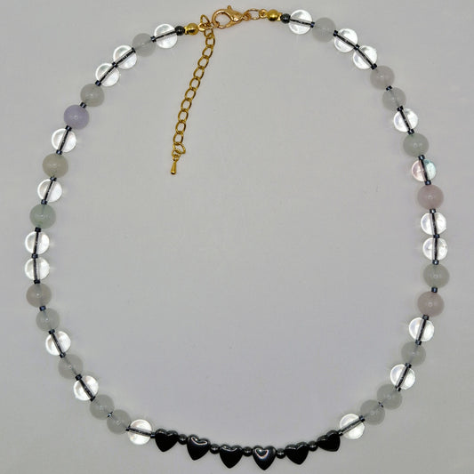 HEART - kaulakoru vuorikristallista ja Hematiitti kivestä 45cm