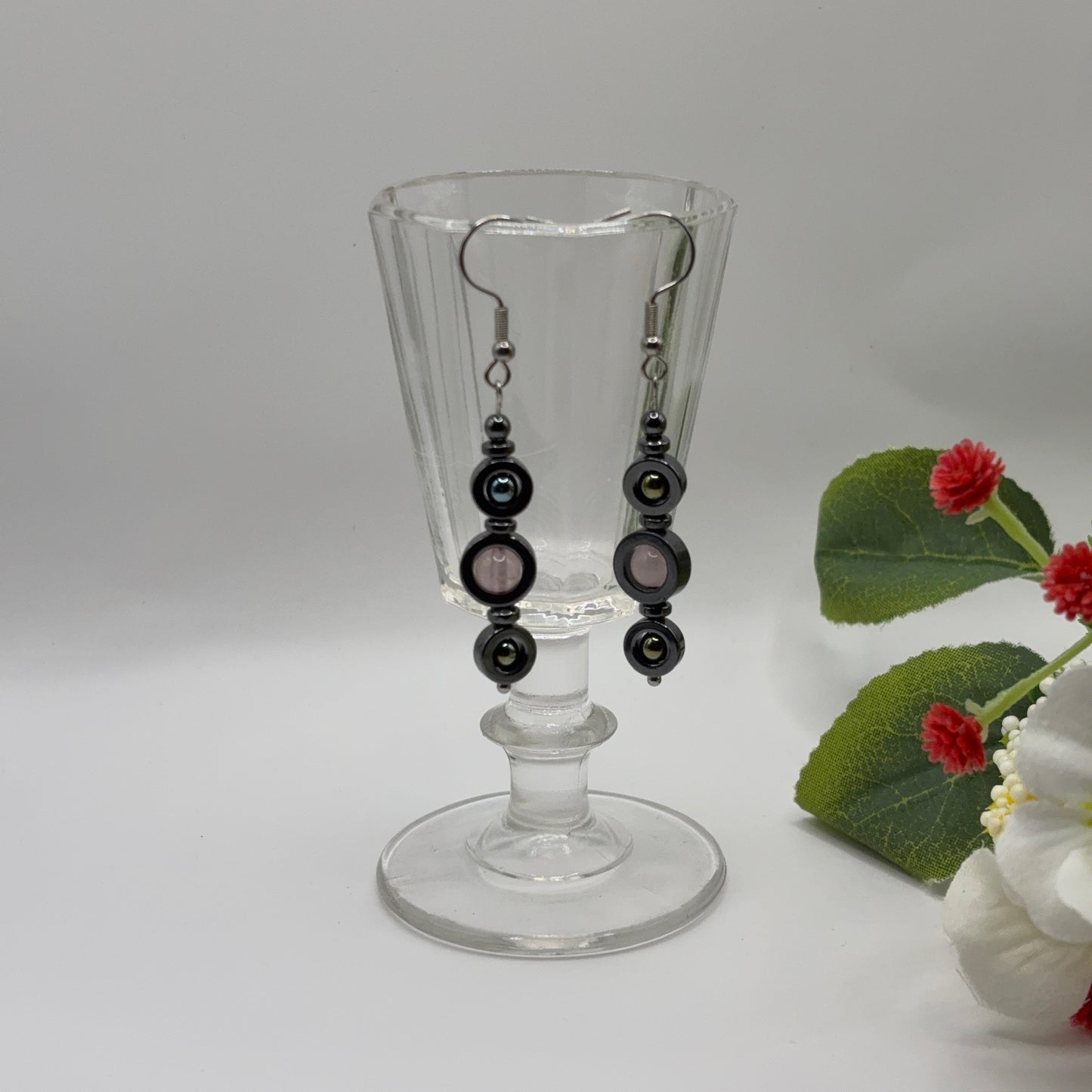 LITTLE TRIO Earrings - Hematite & Rose Quartz Handmade