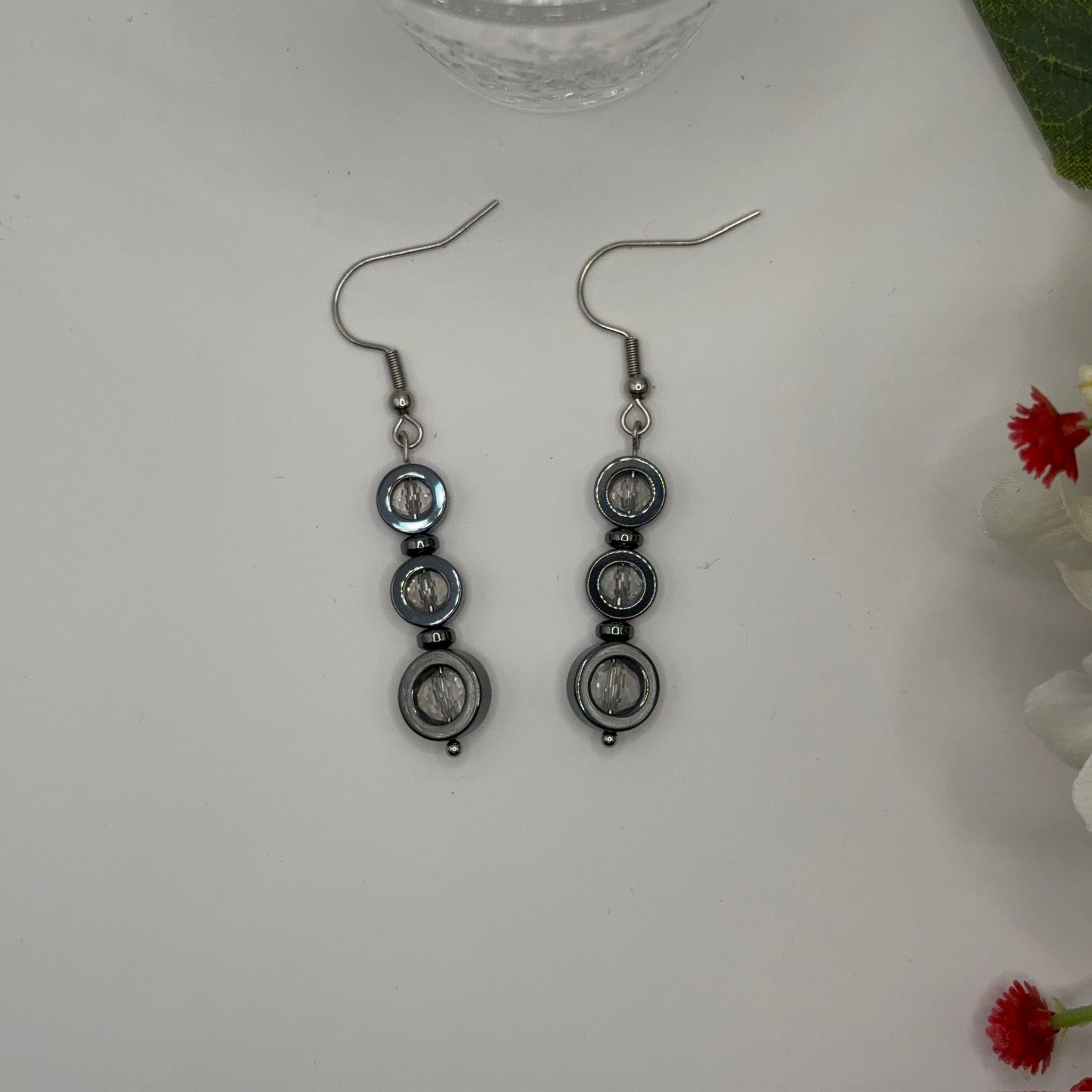 HEMATITE & GLASS TRIO Earrings 6cm - Grounding Power Stone