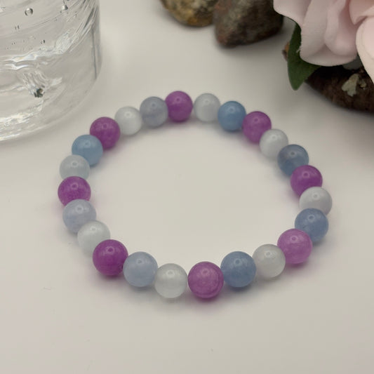 HAPPY - uniikki rannekoru ametisti, kissansilmä ja angeliitti -kivistä