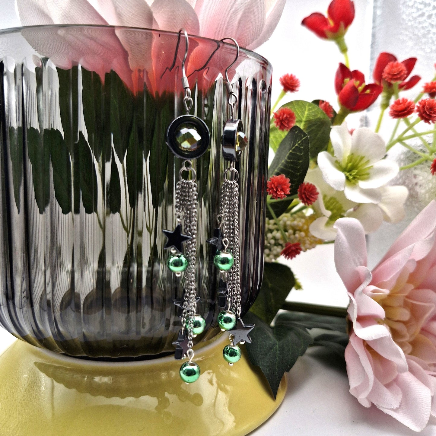GREEN Earrings - Hematite &amp; Faceted Glass 9cm