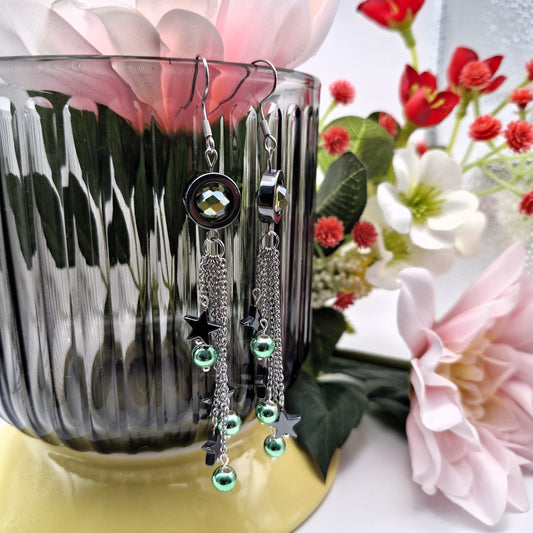 GREEN Earrings - Hematite &amp; Faceted Glass 9cm