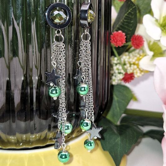 GREEN Earrings - Hematite &amp; Faceted Glass 9cm