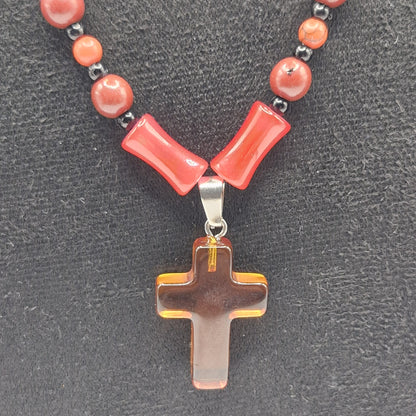 RED - Jasper stone necklace with glass cross 45cm