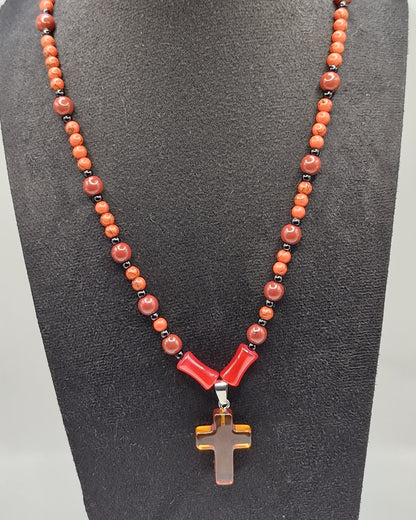 RED - Jasper stone necklace with glass cross 45cm