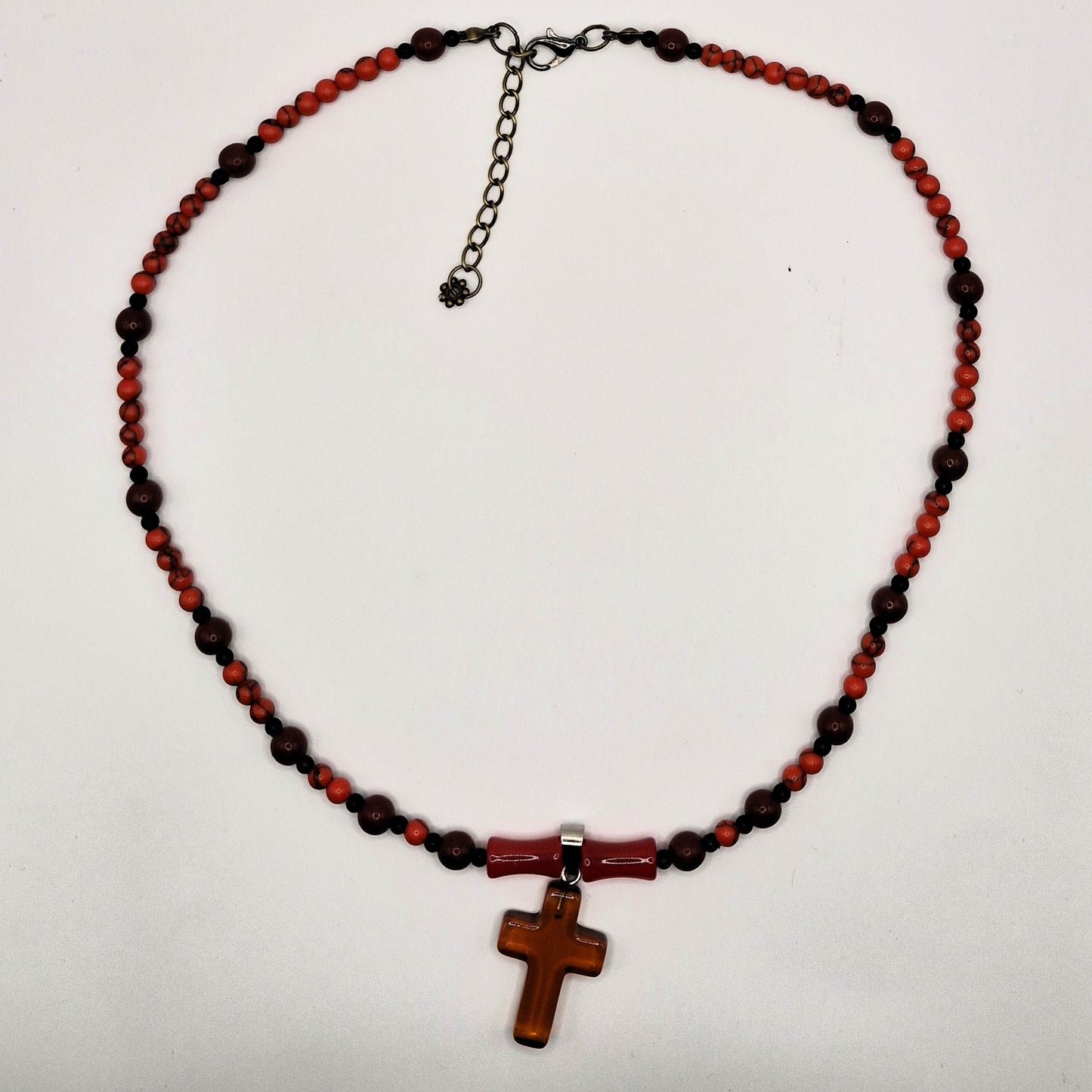 RED - Jasper stone necklace with glass cross 45cm