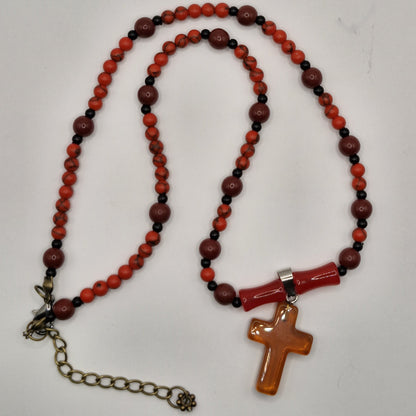 RED - Jasper stone necklace with glass cross 45cm