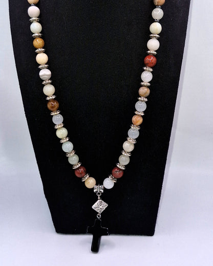 EARTH Stone Necklace with Cross 48cm - Grounding Spiritual Power Jewelry