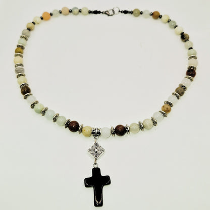 EARTH Stone Necklace with Cross 48cm - Grounding Spiritual Power Jewelry