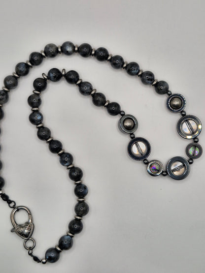 LABRADORITE - stone necklace with Hematite rings 59cm