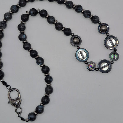 LABRADORITE - stone necklace with Hematite rings 59cm