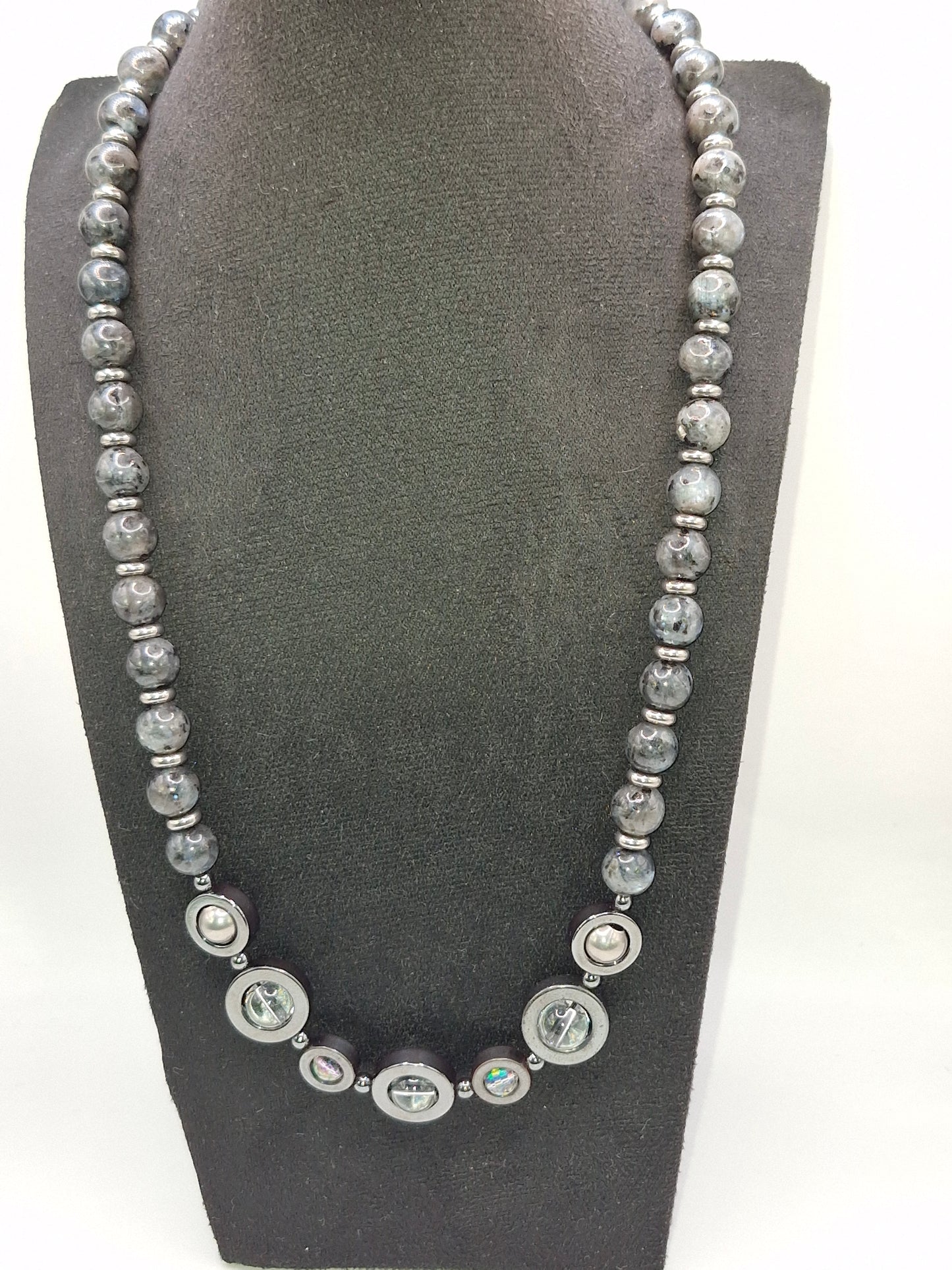 LABRADORITE - stone necklace with Hematite rings 59cm