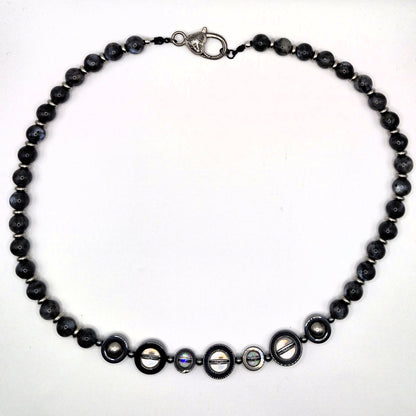 LABRADORITE - stone necklace with Hematite rings 59cm