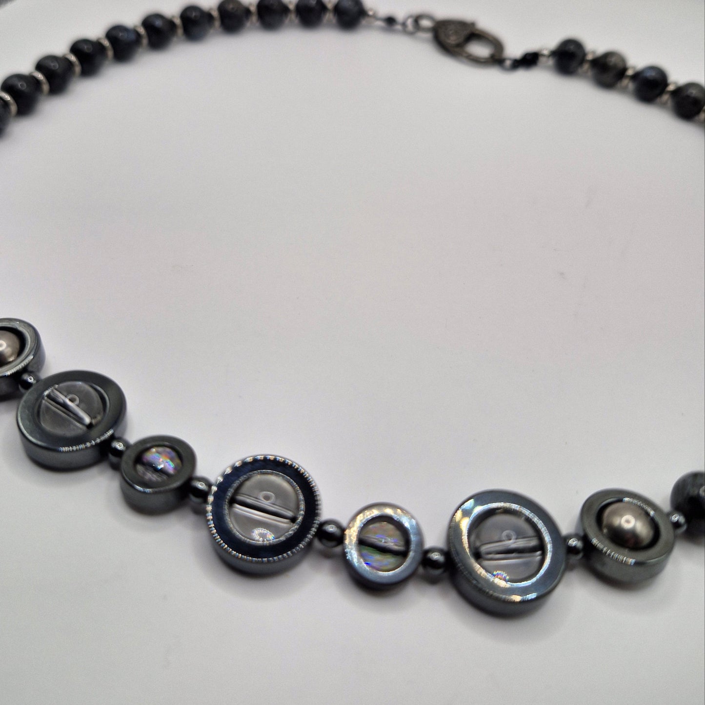 LABRADORITE - stone necklace with Hematite rings 59cm