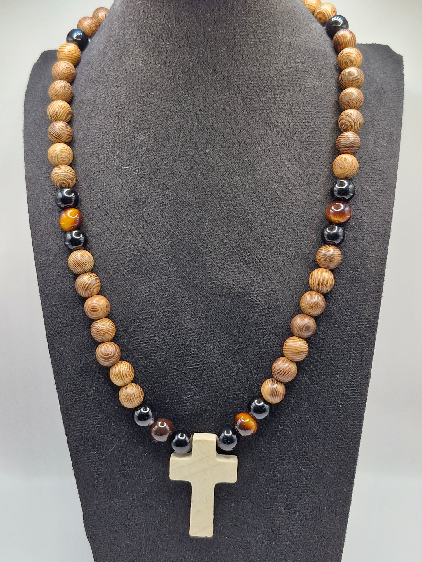 CROSS Necklace with Wooden Beads 45cm - Hand Knotted Jewelry