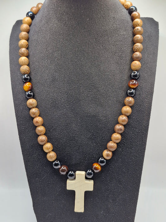 CROSS Necklace with Wooden Beads 45cm - Hand Knotted Jewelry