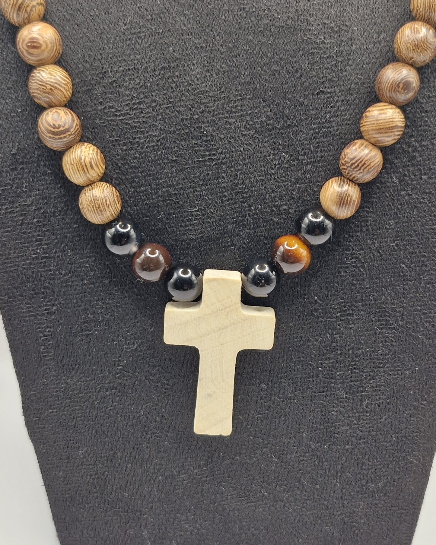 CROSS Necklace with Wooden Beads 45cm - Hand Knotted Jewelry