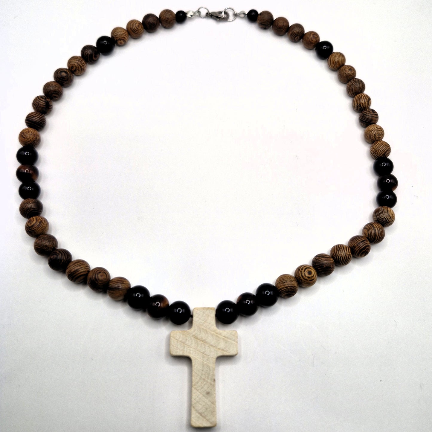 CROSS Necklace with Wooden Beads 45cm - Hand Knotted Jewelry