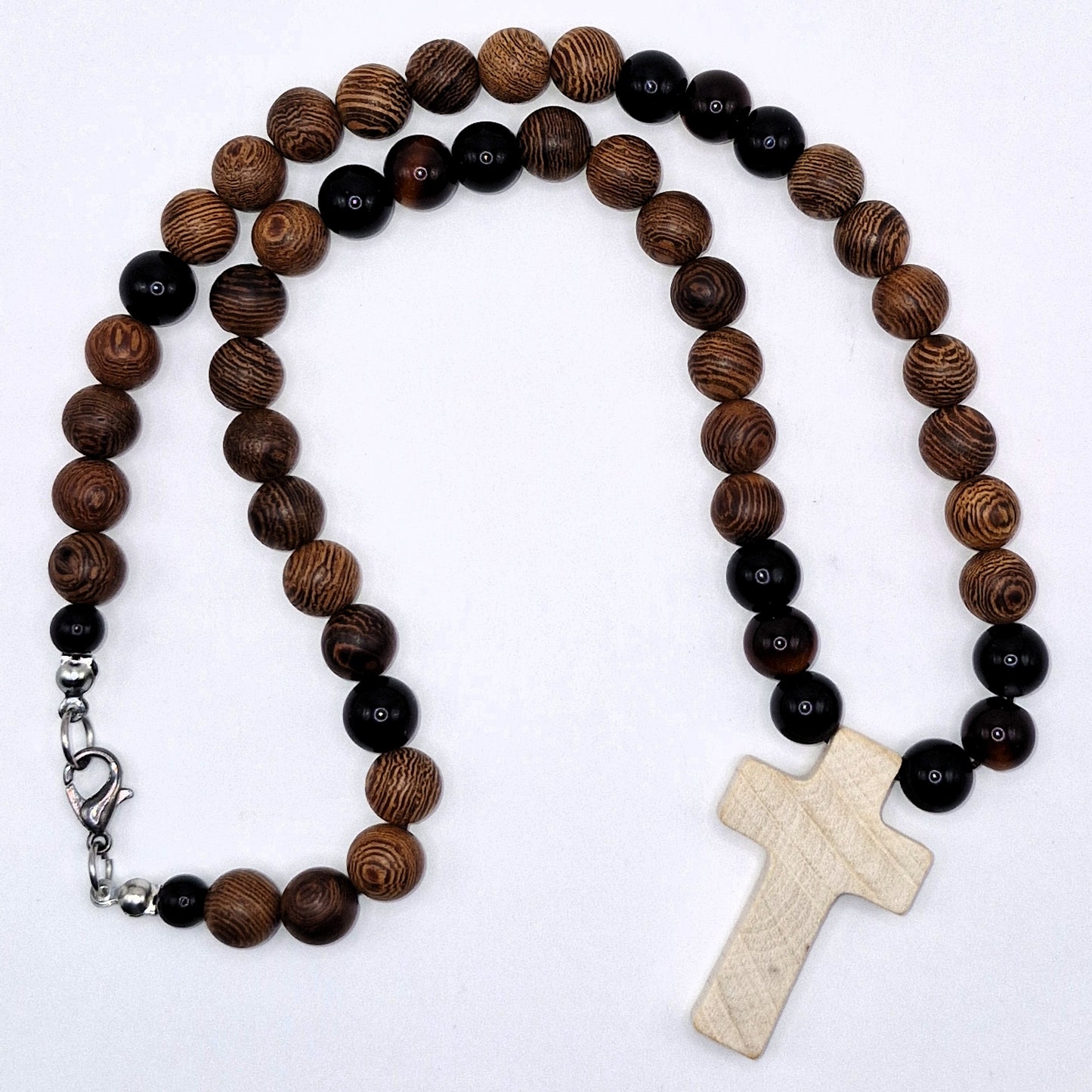 CROSS Necklace with Wooden Beads 45cm - Hand Knotted Jewelry