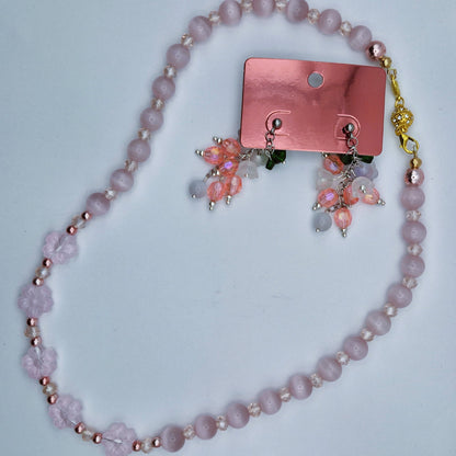 HEMPEYS Pinkki Korusetti - Kissansilmäseleniitti & Lasi Kaulakoru + Korvakorut