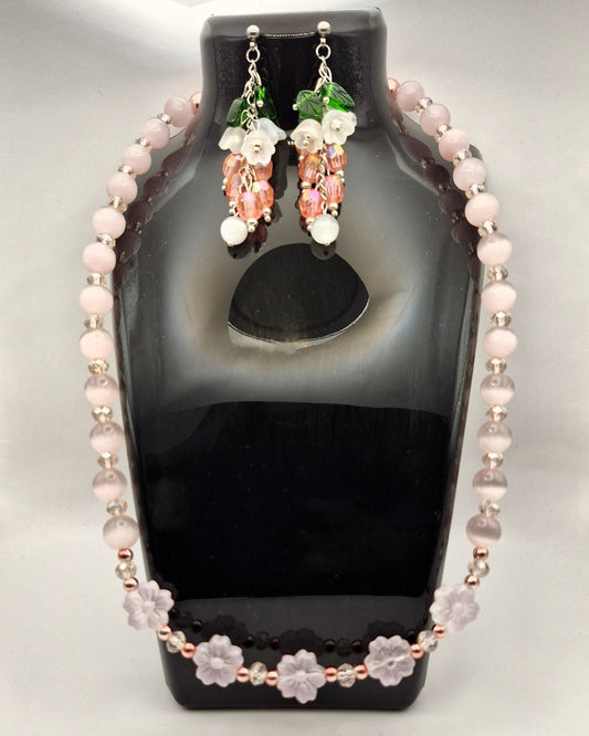 HEMPEYS Pink Jewelry Set - Cat's Eye Selenite &amp; Glass Necklace + Earrings