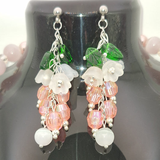 HEMPEYS Pink Jewelry Set - Cat's Eye Selenite &amp; Glass Necklace + Earrings