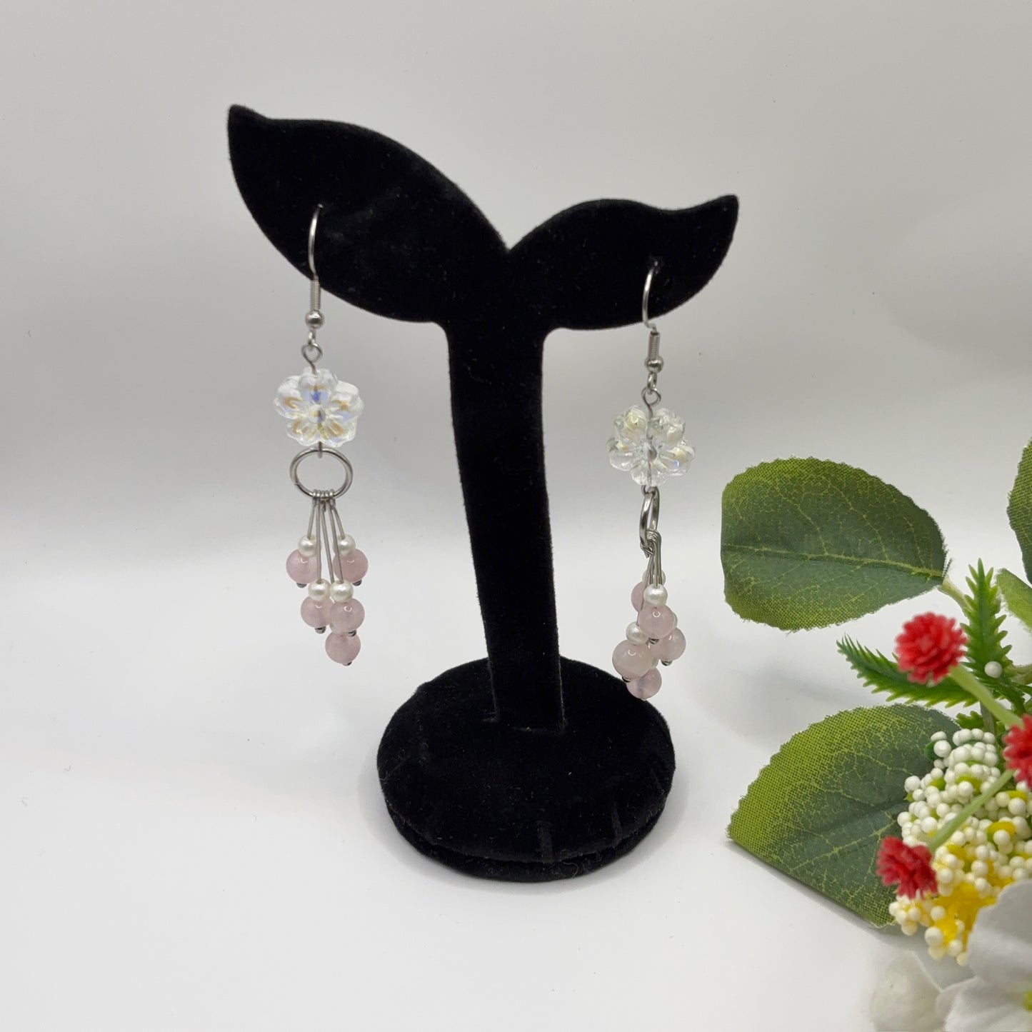 FLOWER Earrings - Rose Quartz &amp; Acrylic 8cm