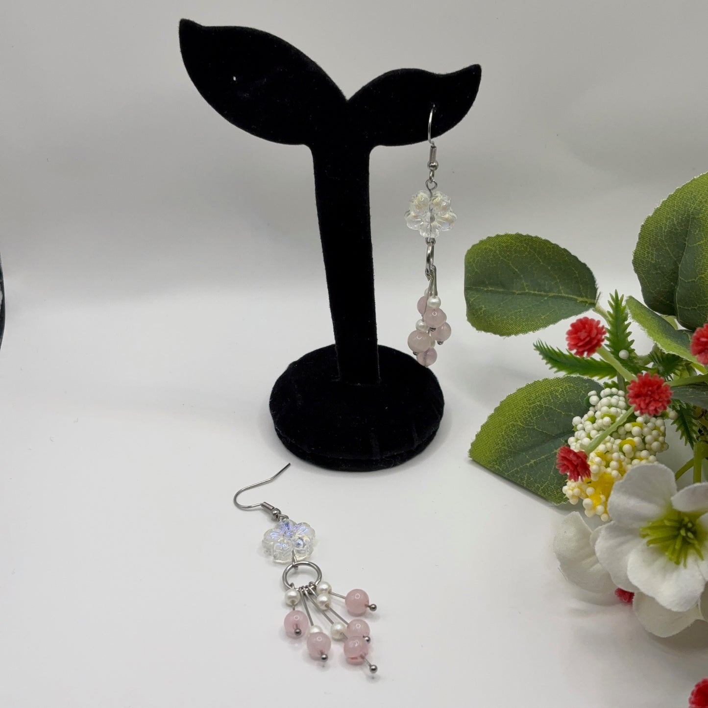 FLOWER Earrings - Rose Quartz &amp; Acrylic 8cm