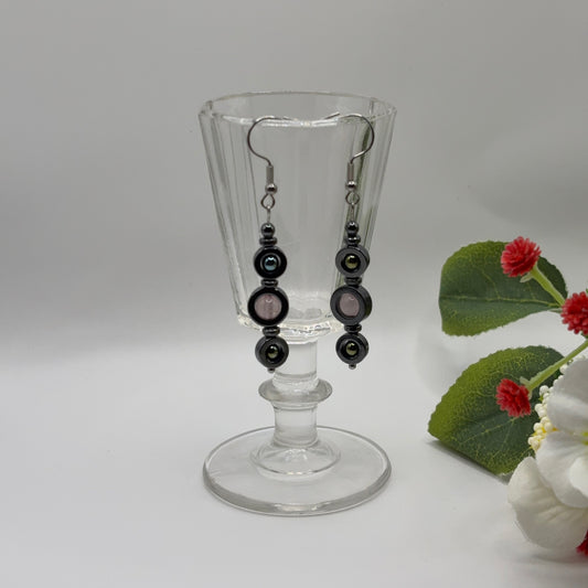 LITTLE TRIO Earrings - Hematite &amp; Rose Quartz Handmade