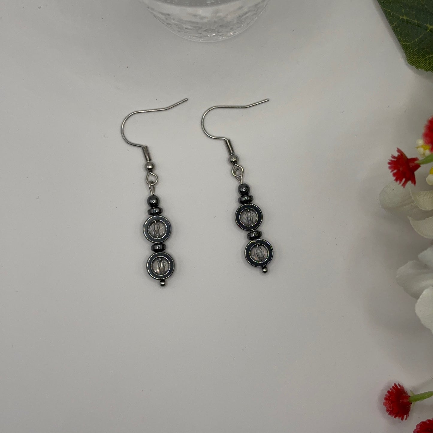 HEMATITE Earrings - Hematite &amp; Glass 5cm