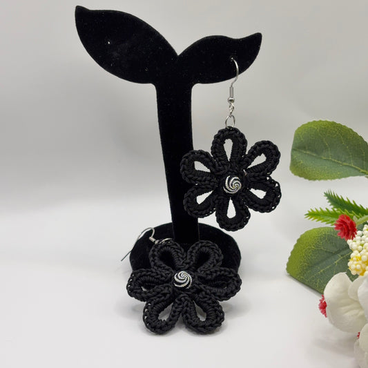 BLACK FLOWER - crocheted earrings made of nylon thread with acrylic bead