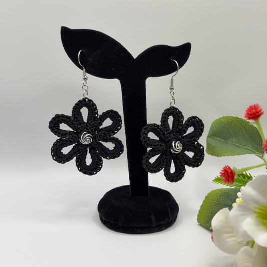 BLACK FLOWER - crocheted earrings made of nylon thread with acrylic bead