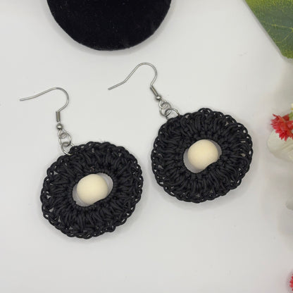BLACK - crocheted earrings made of nylon thread with wooden bead