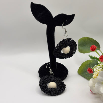 BLACK - crocheted earrings made of nylon thread with wooden bead