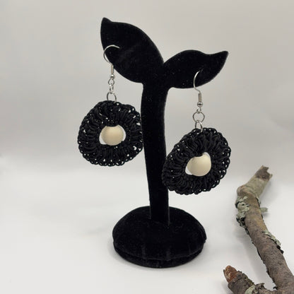 BLACK - crocheted earrings made of nylon thread with wooden bead
