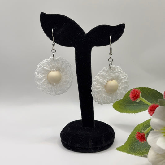 SNOW - crocheted earrings made of nylon thread with wooden bead
