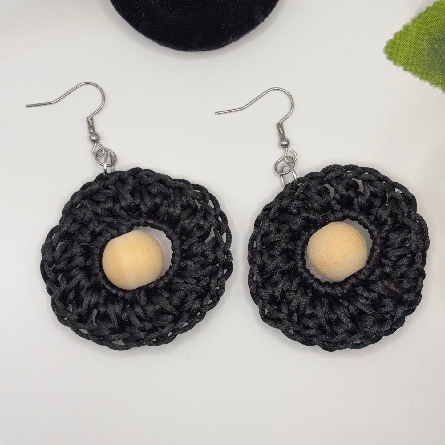 BLACK - crocheted earrings made of nylon thread with wooden beads