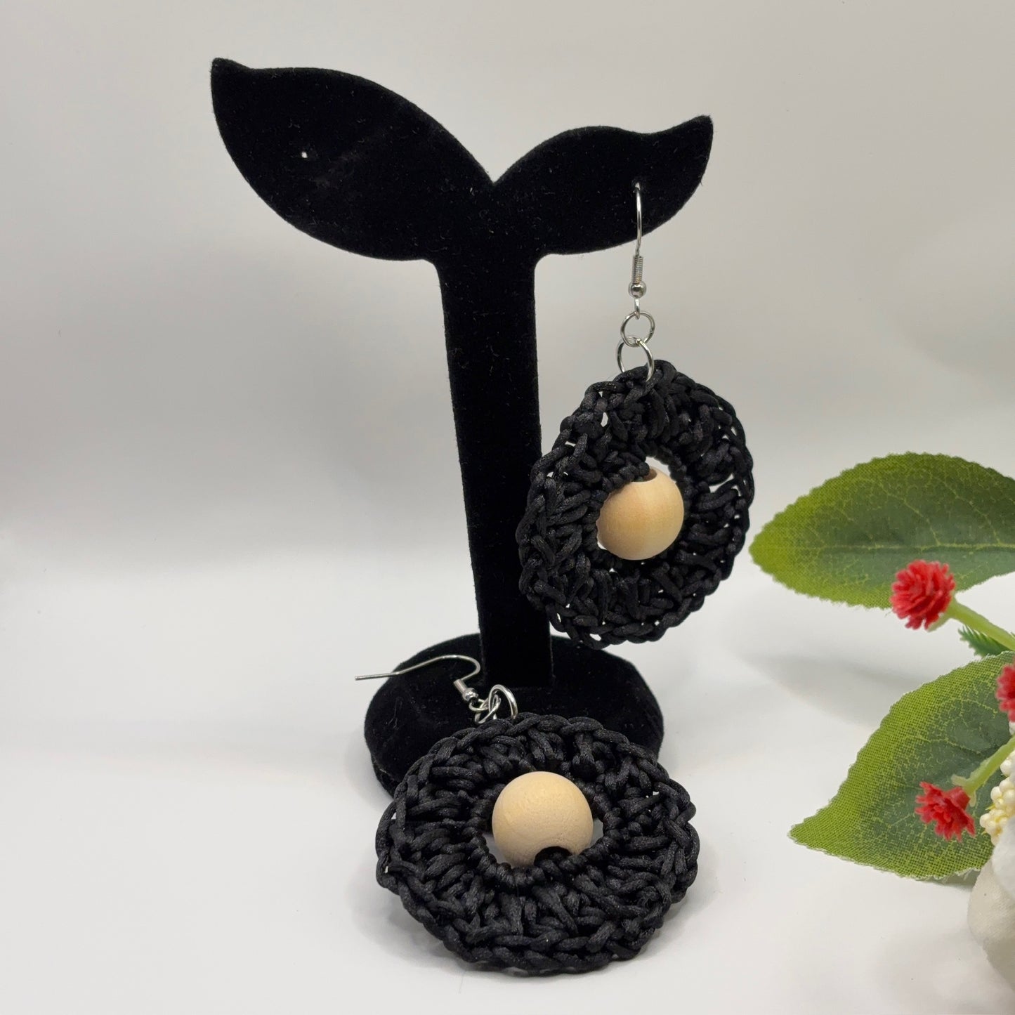 BLACK - crocheted earrings made of nylon thread with wooden beads