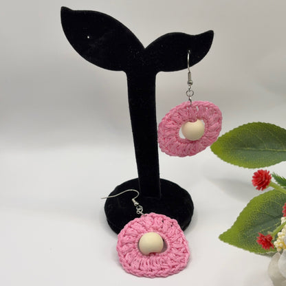 PINKKI - virkatut korvakorut puuvillalangasta