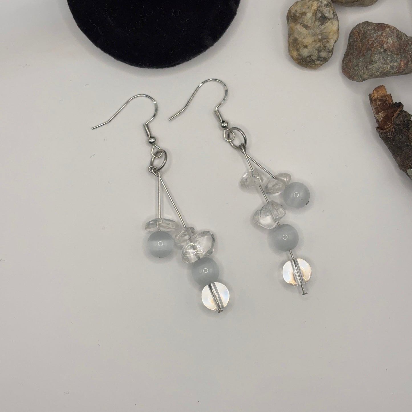 CAT EYES Earrings - Cat's Eye &amp; Crackle Crystal 7cm