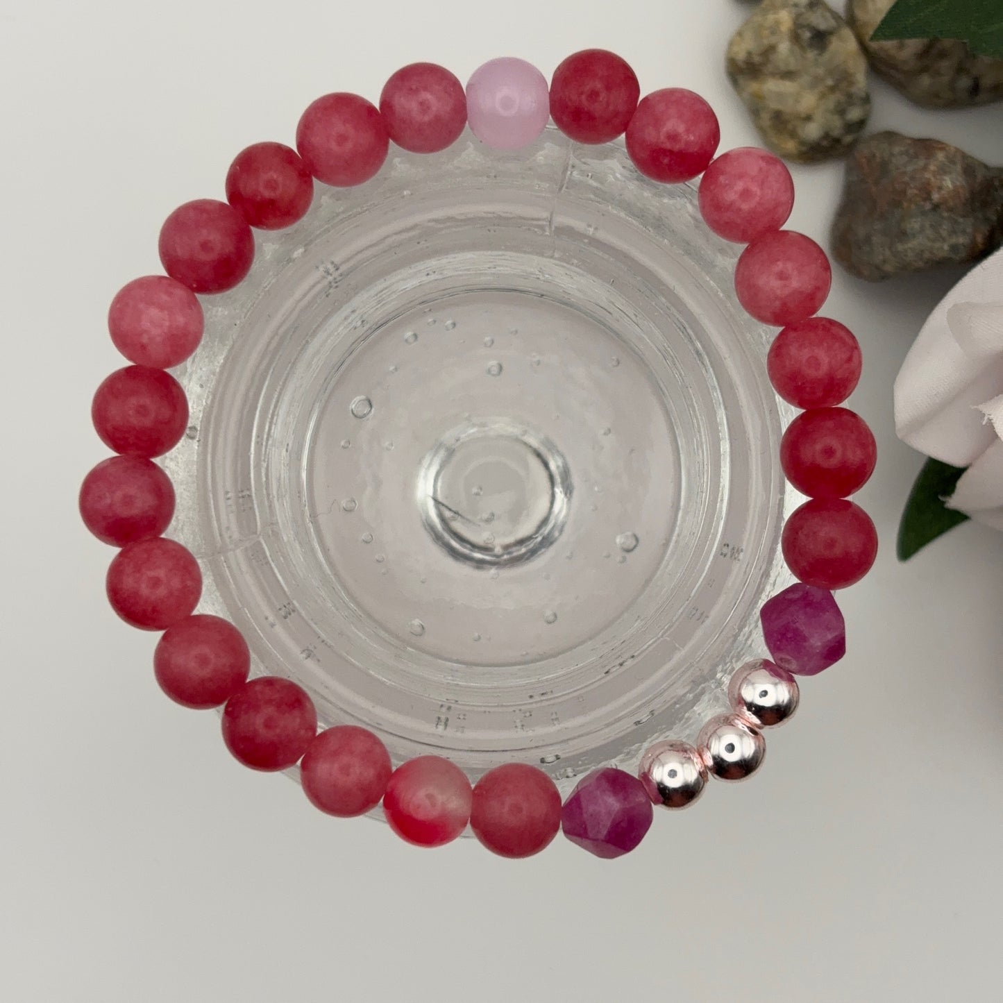 RHODONITE RED Bracelet - Rhodonite Amethyst Rose Quartz 17cm