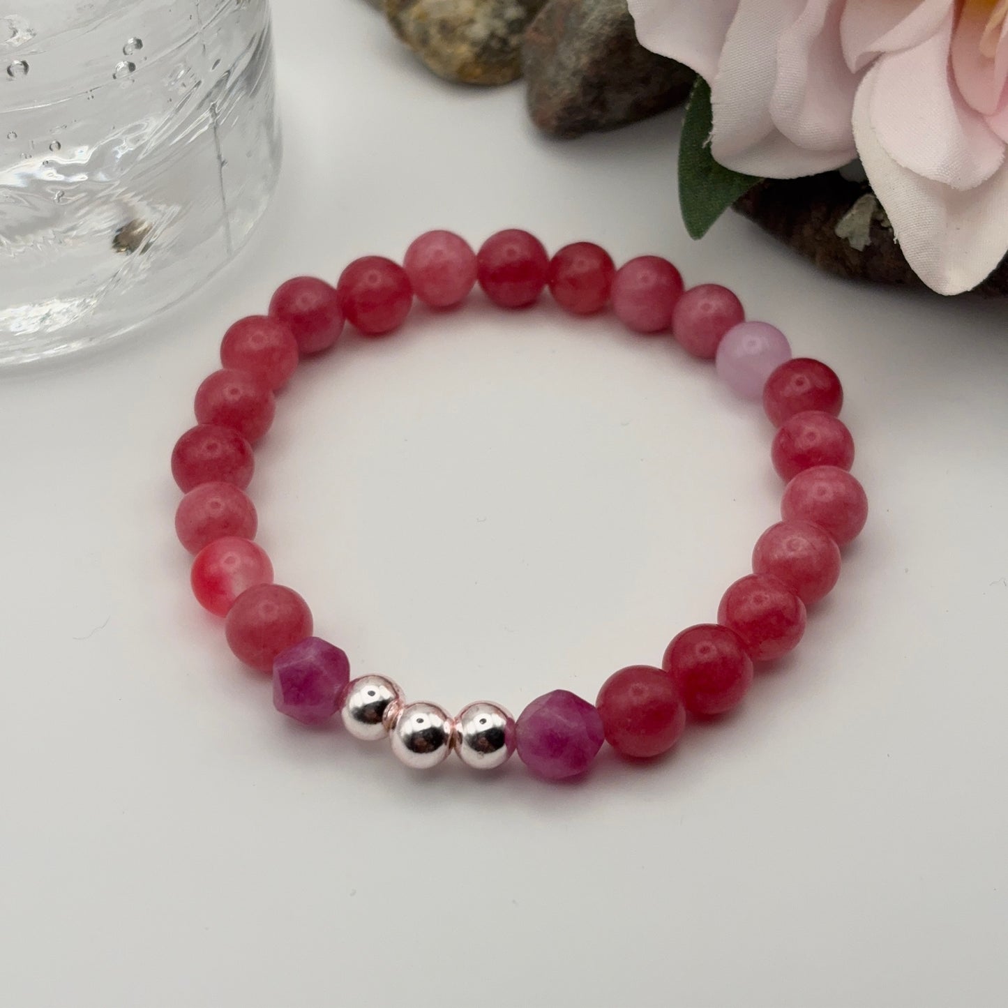 RHODONITE RED Bracelet - Rhodonite Amethyst Rose Quartz 17cm