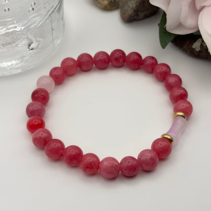 RODONIITTI RED - uniikki rannekoru rodoniitti ja ruusukvartsi -kivistä.