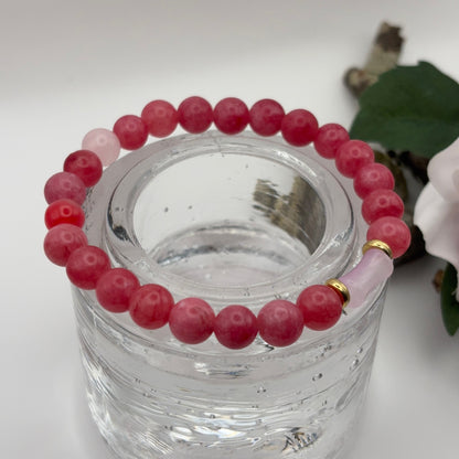 RODONIITTI RED - uniikki rannekoru rodoniitti ja ruusukvartsi -kivistä.