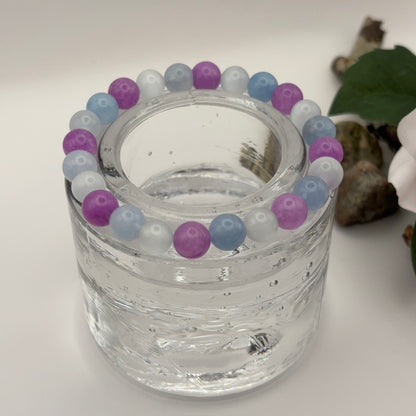 HAPPY - uniikki rannekoru ametisti, kissansilmä ja angeliitti -kivistä