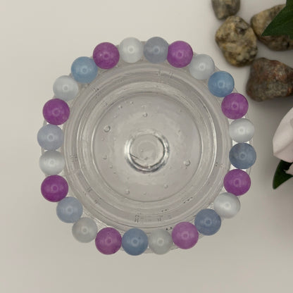 HAPPY - uniikki rannekoru ametisti, kissansilmä ja angeliitti -kivistä