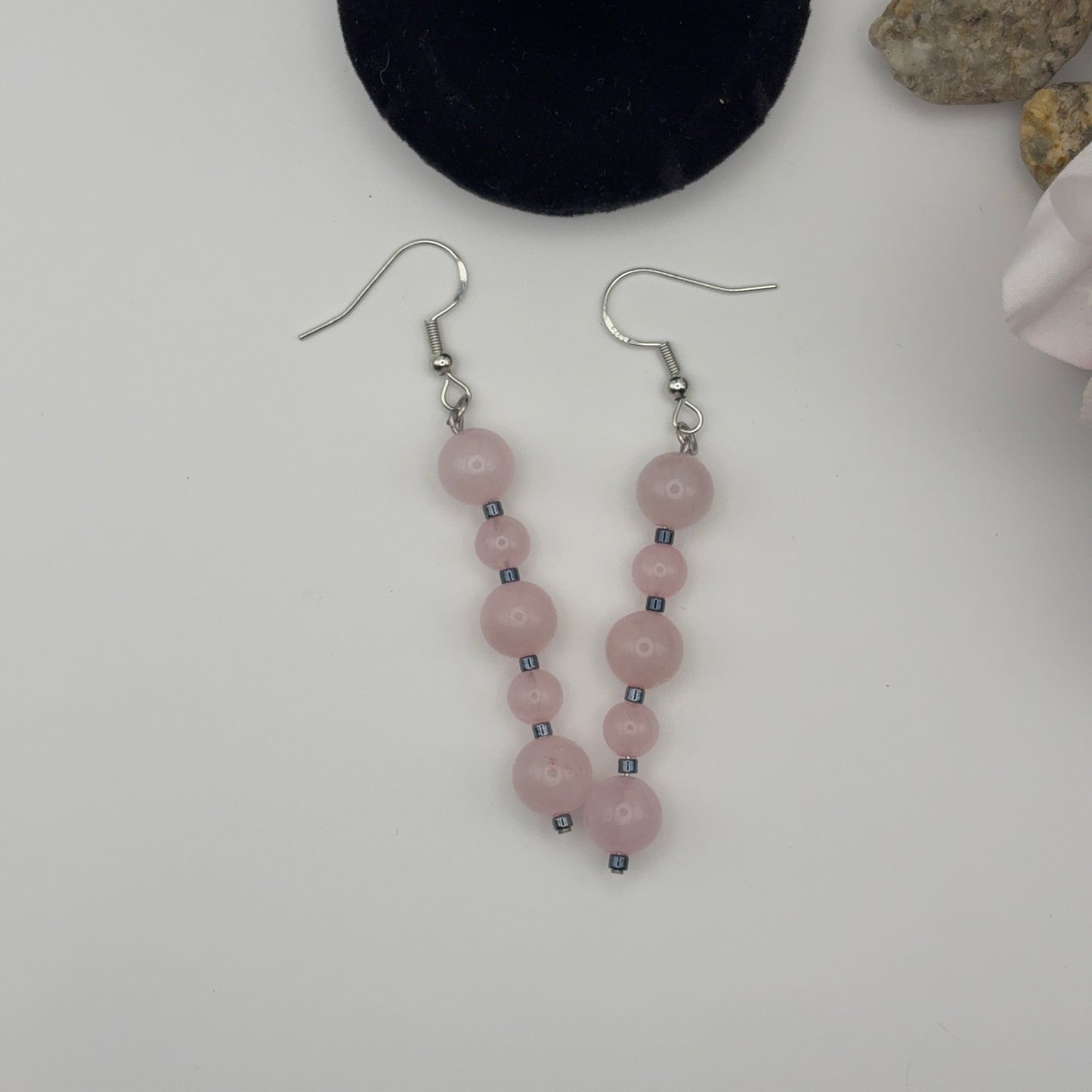 PINK Earrings - Rose Quartz &amp; Hematite 6.5cm
